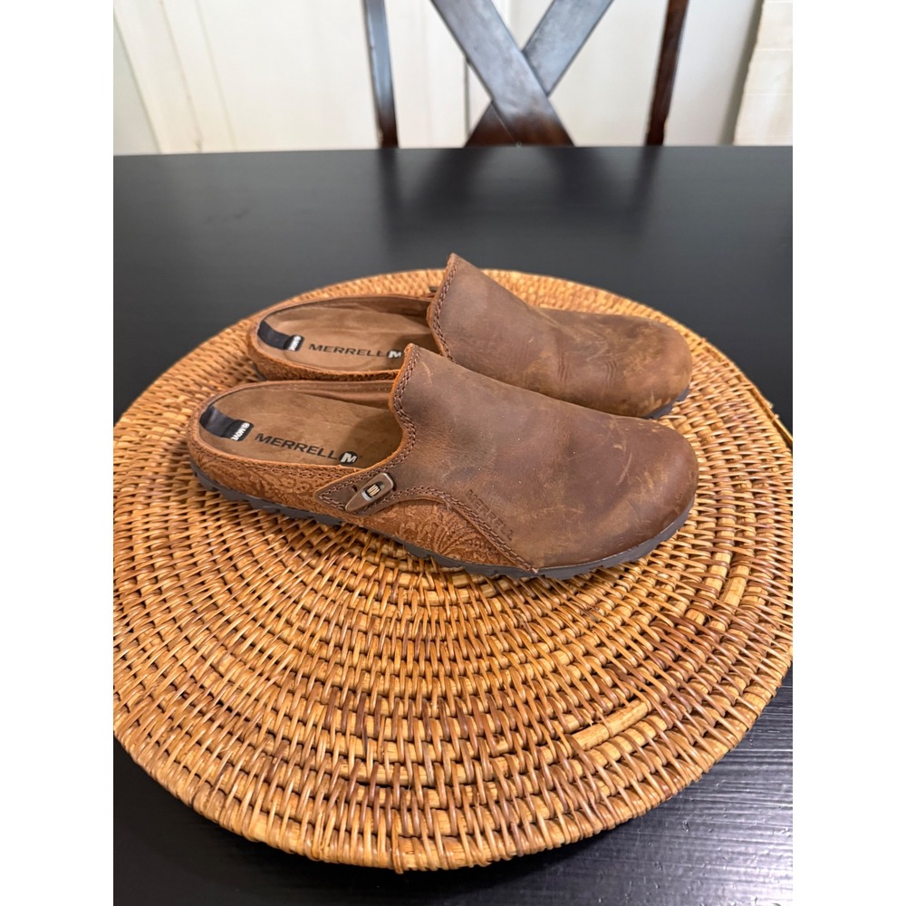Merrell Encore Q2 Leather Slides Brown Floral Embossed Clogs Mules Womens